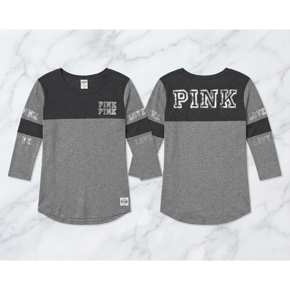 PINK Victoria's Secret Womens L Bling Sequin Raglan Baseball Varsity Tee Gray
